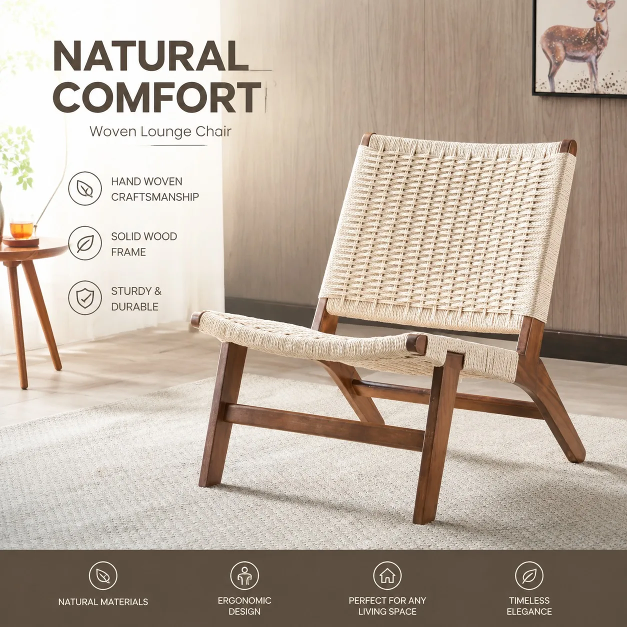 Nordic Woven Rope Solid Wood Lounge Chair – Compact Wabi-Sabi Armchair for Balcony, Bedroom & Small Spaces