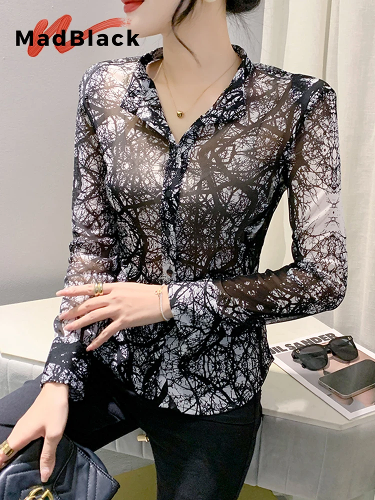 

MadBlack European Clothes Shirt Women Sexy Thin Stand Collar Print Slim Top Long Sleeve Button Up Blouses Autumn Spring T39790JC