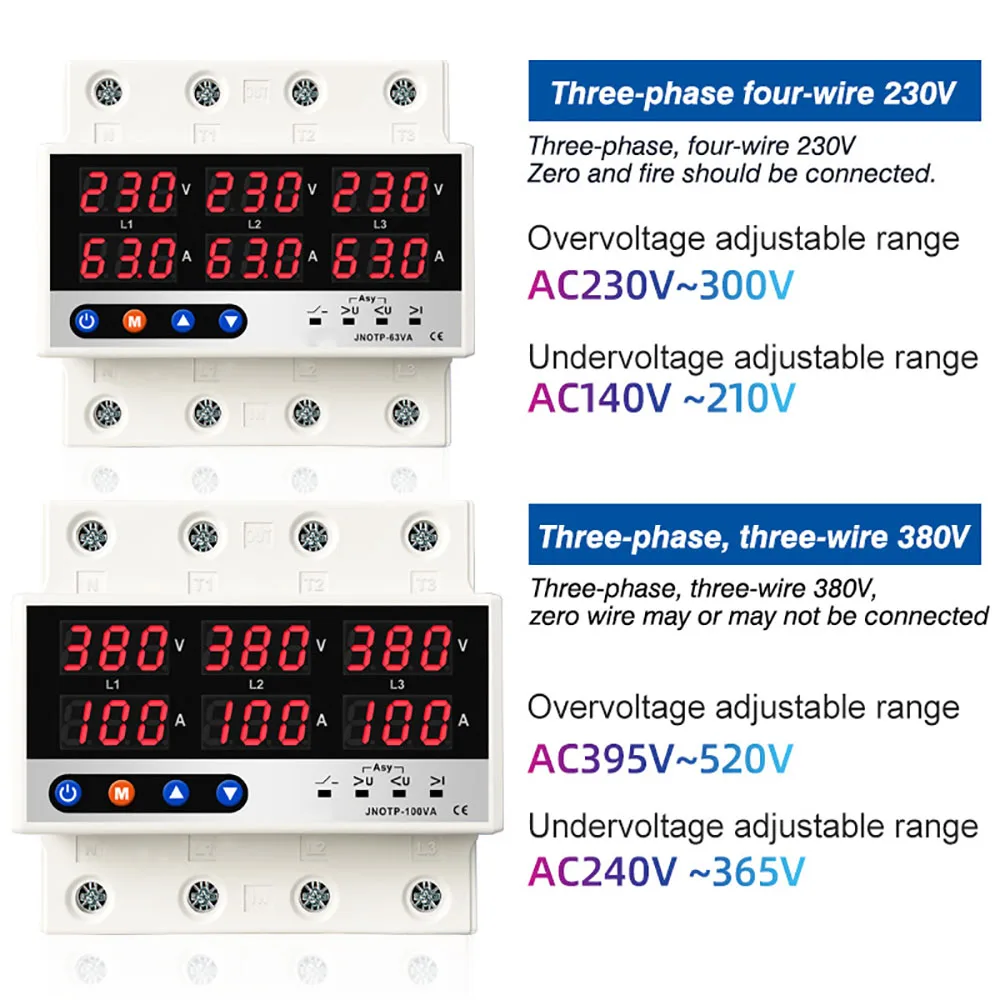 Din Rail 3 Phase Voltage Relay 3P+N Voltmeter Ammeter Over and Under Voltage Monitor Relays Protector Adjust Current Overvoltage