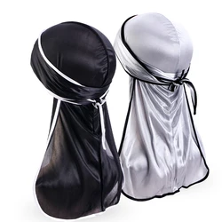 2PCS/LOT Unisex Men Satin Durag Black Sewing Silky Durags Breathable Bandana Hat Wigs Doo du rag long tail headwrap Pirate Hat