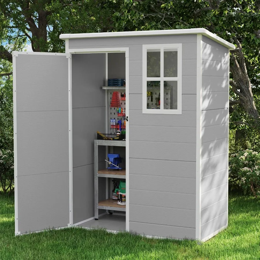 Outdoor Storage Shed 5x3 Feet for Garden Use, Resin Material, Grey Color, Includes Floor and Weather-Resistant Design