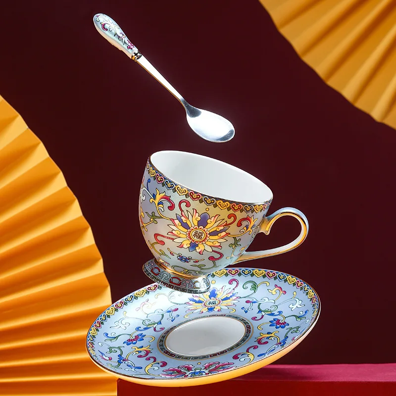 Luxury China-Chic Style Bone China Coffee Cups Tea Cup Dish With Spoon Palace Inlaid Gold Enamel Color Ceramic Espresso Cups