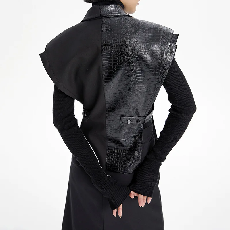 Women Faux Leather Patchwork Single Breasted Slim Vest Black Spring Autumn Slim Streetwear Belted Jacket Vest
