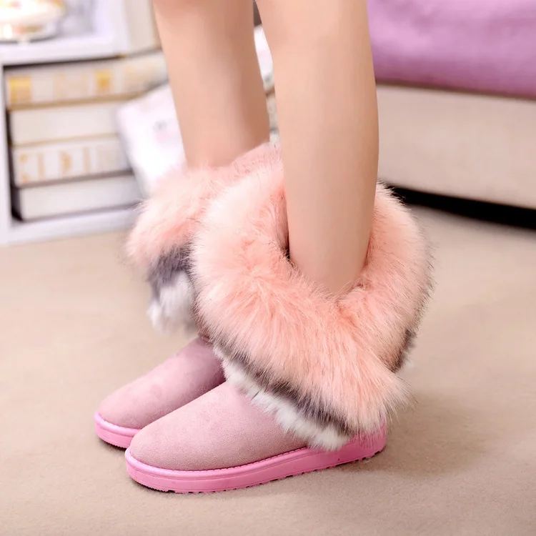 

White Faux Rabbit Fur Snow Boots Tassel Women's Mid-Calf Winter oes Thiened Rubber Sole round Toe Inner Cotton