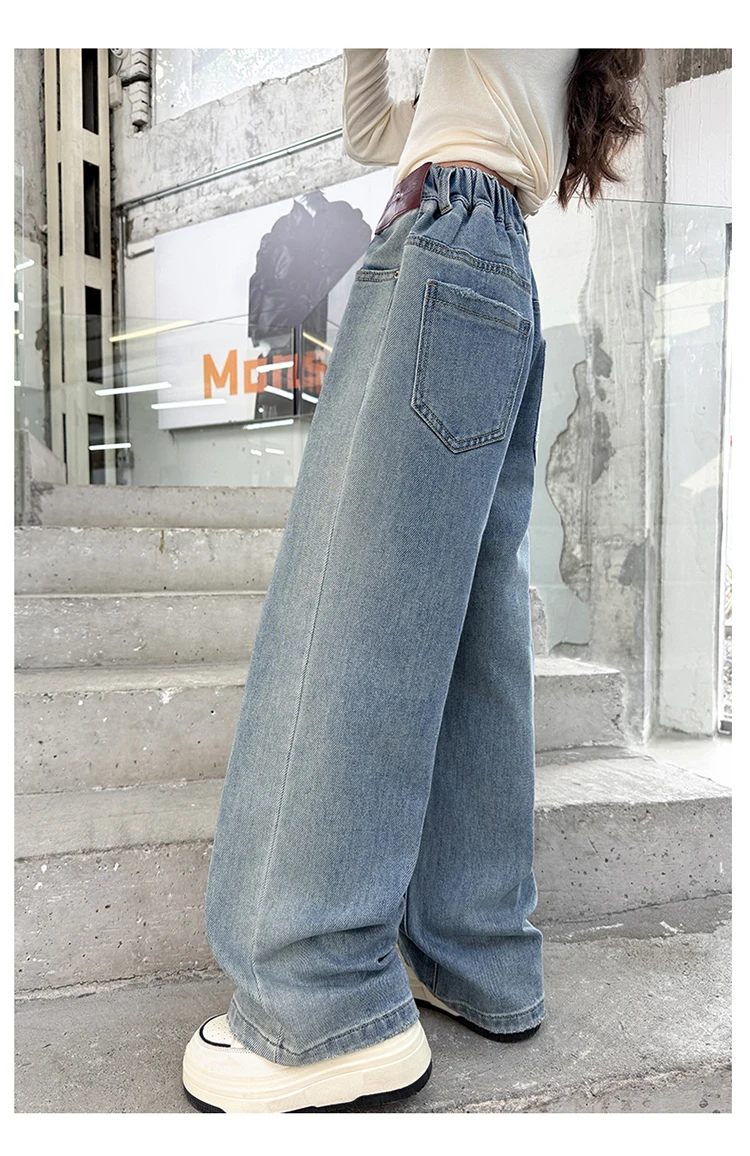 Klassische blaue High-Waist-Jeans mit geradem Bein für Mädchen, neue modische Slim-Fit-Denimhose, einfache Jeanshose für Kinder. – Detail 7