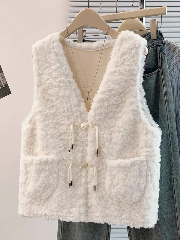 

Lamb Fur Vest Women's Loose Warm V-Ne Jaet Outerwear Autumn Winter Faion Small Fraance Sle Layering Top