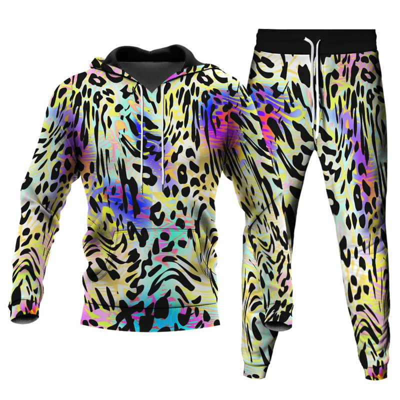 Mens Hoodies+Pants 2pcs Sets Tracksuits Retro Harajuku Chain Flower Animal Leopard Snake Pattern 3D Print Clothes Suit Oversized