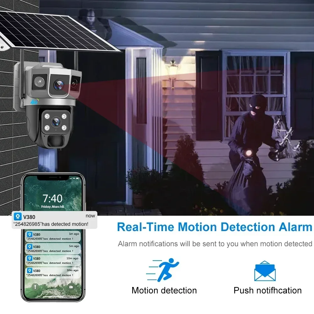 V380 pro 12MP Three Screen Solar WiFi Camera Smart Security Protection Outdoor Built-in battery Video Surveillance PTZ Camera