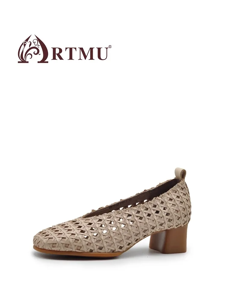 Artmu tacco spesso scava fuori scarpe per le donne tessere mocassini morbidi in vera pelle tessuto di lusso Slip On pompe tacco alto 3.5cm di lusso