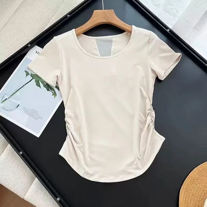 Damen Yoga-Shirt mit kurzen Ärmeln aus Mesh, schnelltrocknend, atmungsaktiv, mit seitlich geraffter Taille, figurbetont, sportliches T-Shirt, Sommer-Gym-Activewear – Detail 8
