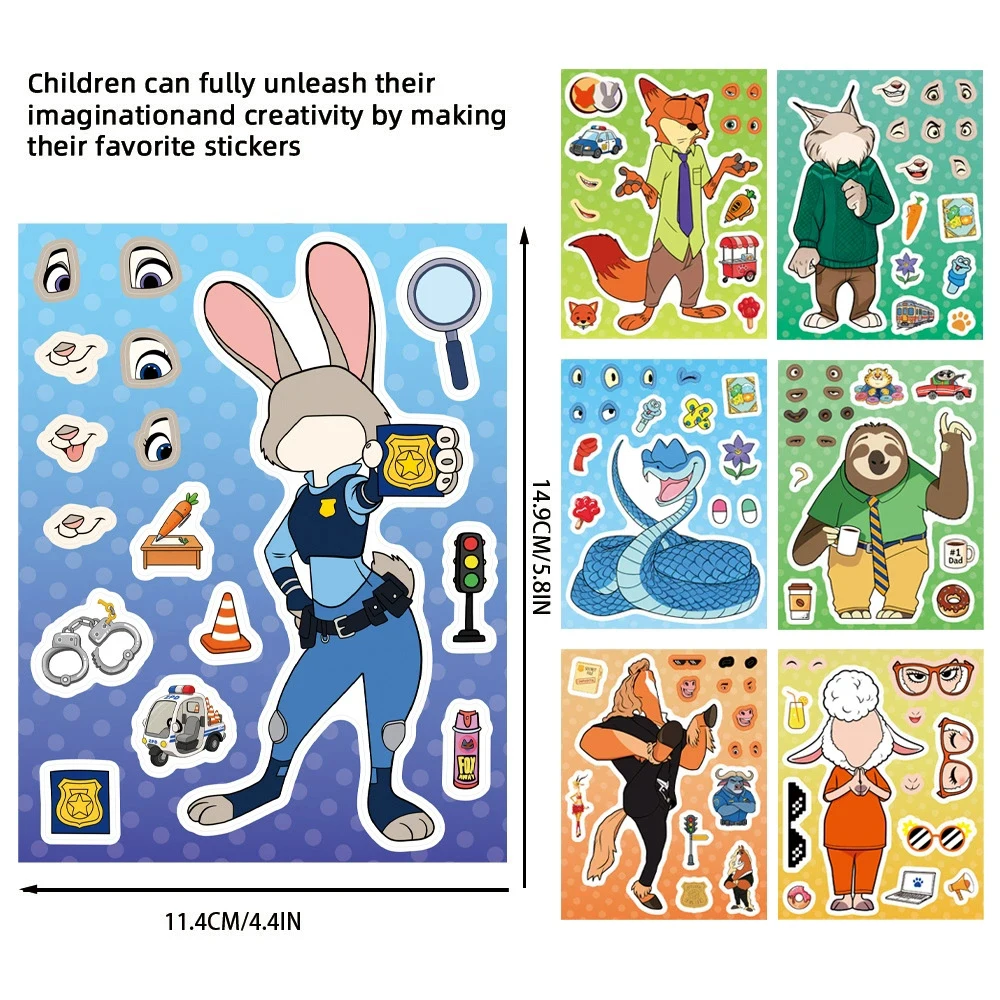 8/16sheets Disney Cute Zootopia 2 Cartoon Puzzle Stickers Make a Face DIY Funny Party Game Assemble Jigsaw Decals Decoration Toy