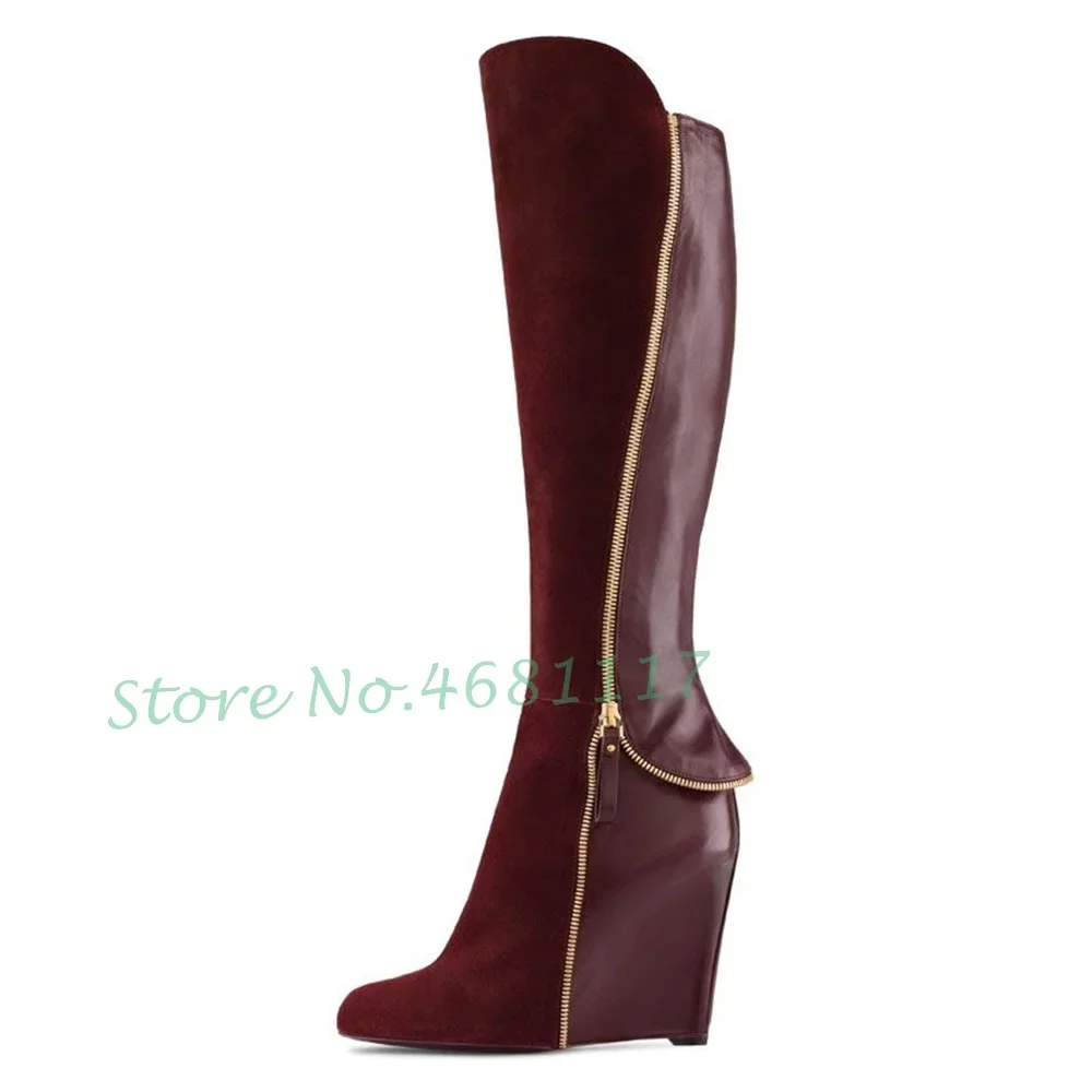 Patchwork Zipper Wedges Brown Boots Women Metal Decor Trend High Heels Long Boots Solid Large Size Shoes Women Knee High Boots