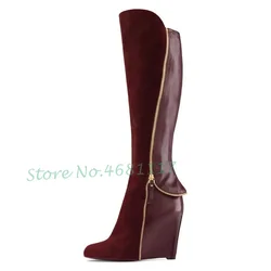 Patchwork Zipper Wedges Brown Boots Women Metal Decor Trend High Heels Long Boots Solid Large Size Shoes Women Knee High Boots