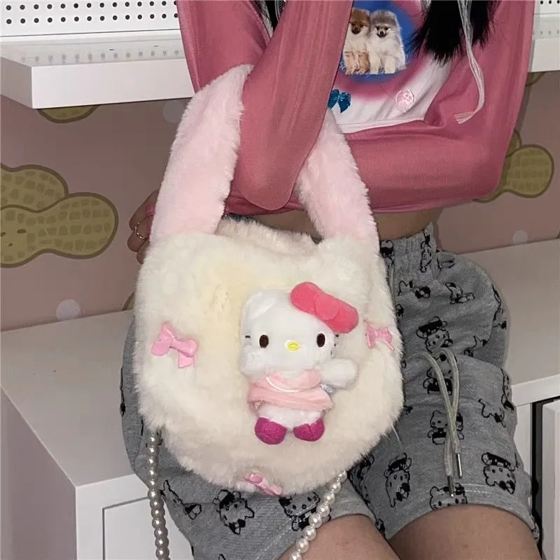 Xiuya Y2k Cute Shoulder Bag for Women Hello Kitty Plush Fluffy Small Fashion Handbag Soft Harajuku Style Female Crossbody Bag