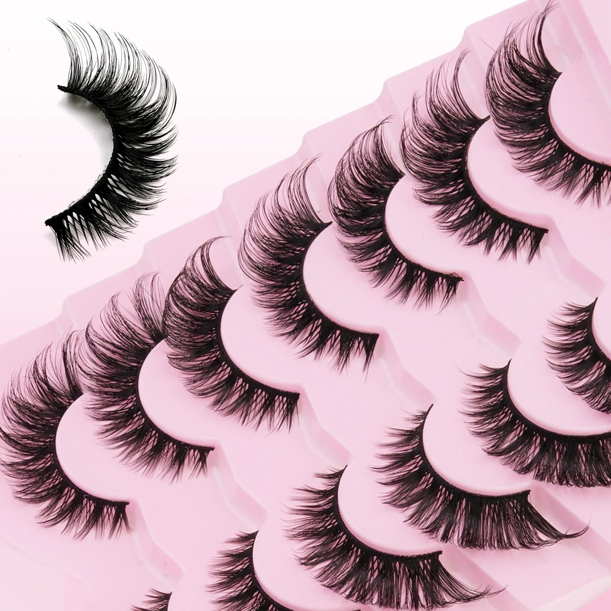 7 Pairs Wispy Fluffy Cat Eye False Lashes D Curl Faux Mink Strip Eyelashes Reusable Voluminous Fake Eye Lashes