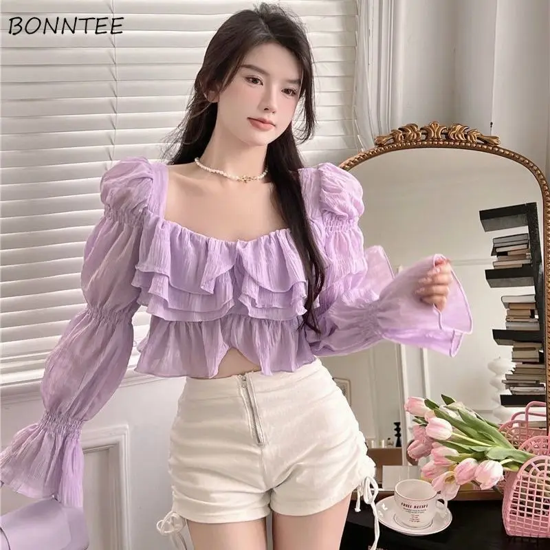 Long Flare Sleeve Blouses Women Ruffles Square Collar Crop Tops Spring Temperament French Style Romantic Elegant Ladies Fairy