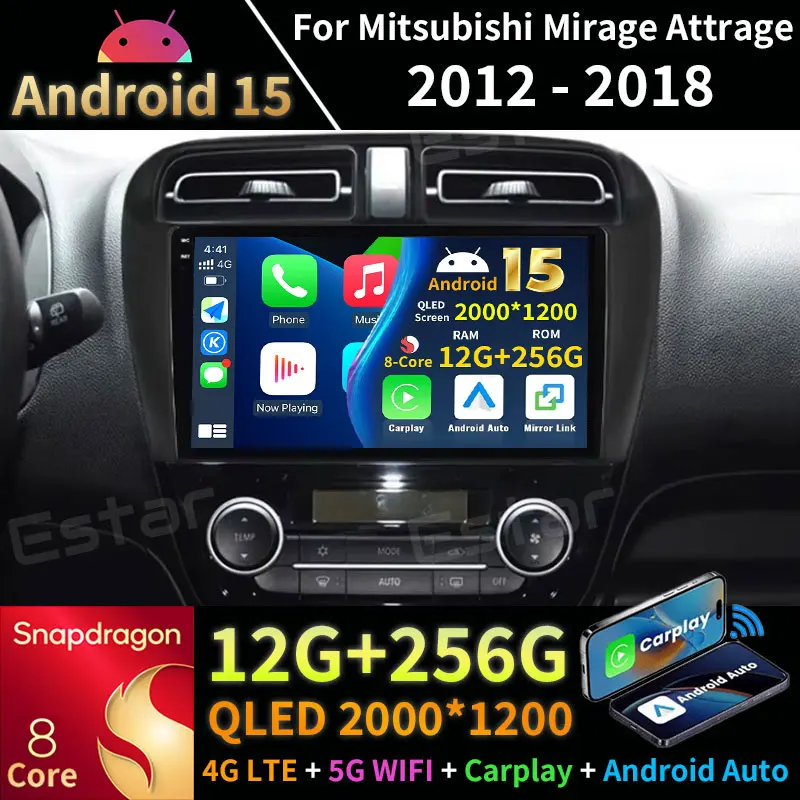 Android 15 Carplay For Mitsubishi Mirage 6 Attrage 2012 2013 2014 2015 2016 2018 Auto RDS 5G WIFI Multimedia 360 Camera Navi GPS
