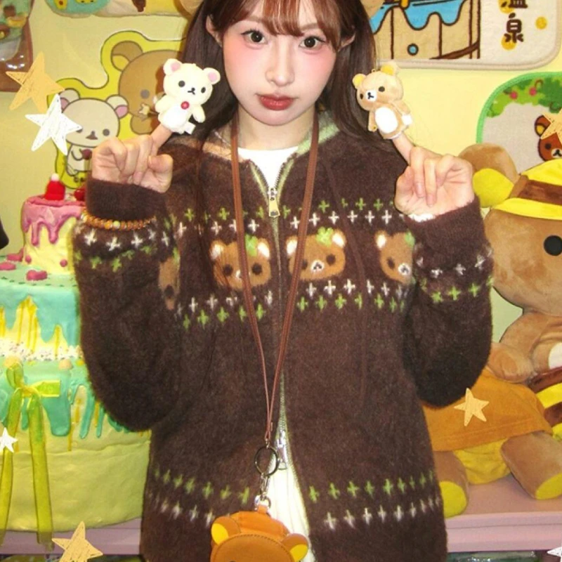 

Vintage Sweet Lolita Style Sweaters Women Kawaii Cartoon Bear Jacquard Long Sleeve Hooded Knitted Cardigans Harajuku Y2k Zip Top