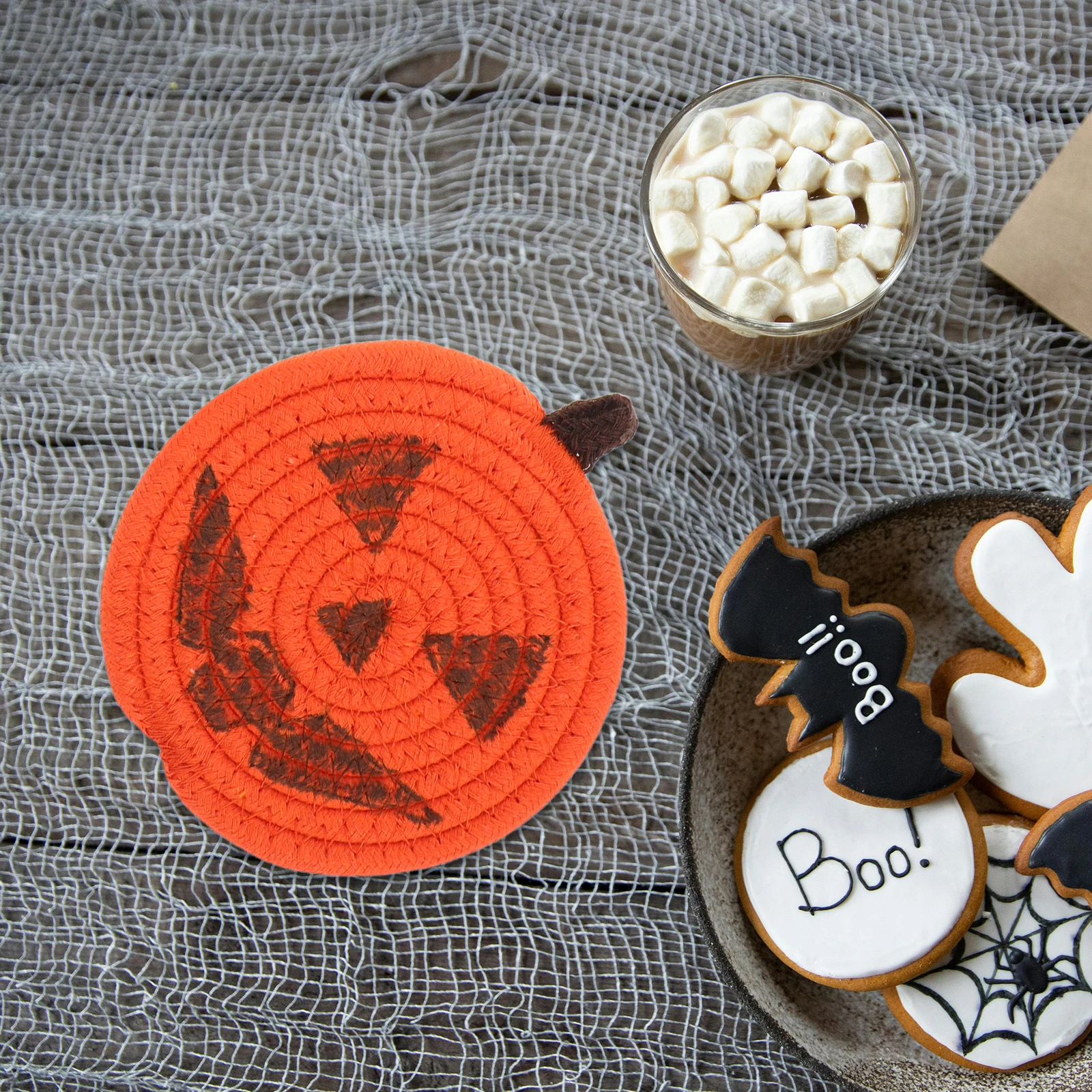 

4 Pcs Pumpkin-shaped Coasters Fall Crochet Cotton Rope Placemat Halloween Coffee Table