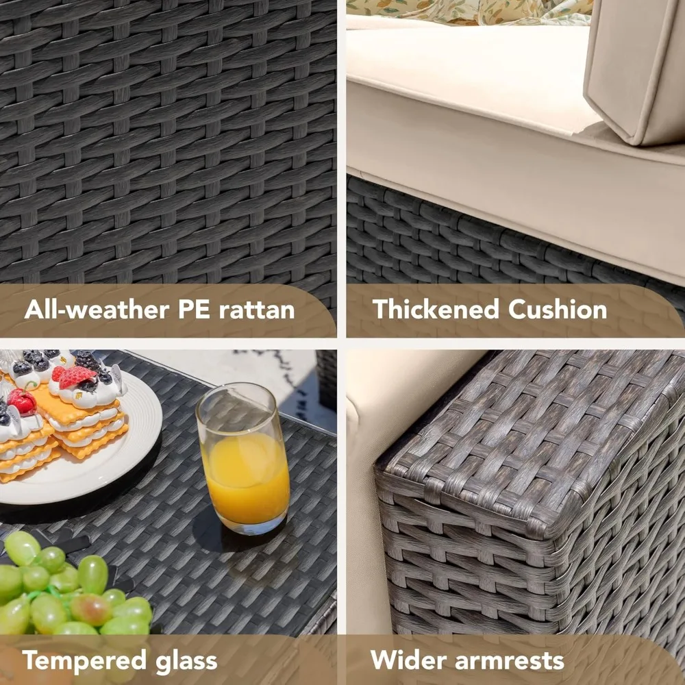 Rattan-Rattan-Möbel-Set, Outdoor-Kombination, hand gewebtes Weiden-Terrassen set, Glas tisch und Kissen, 6 Stück