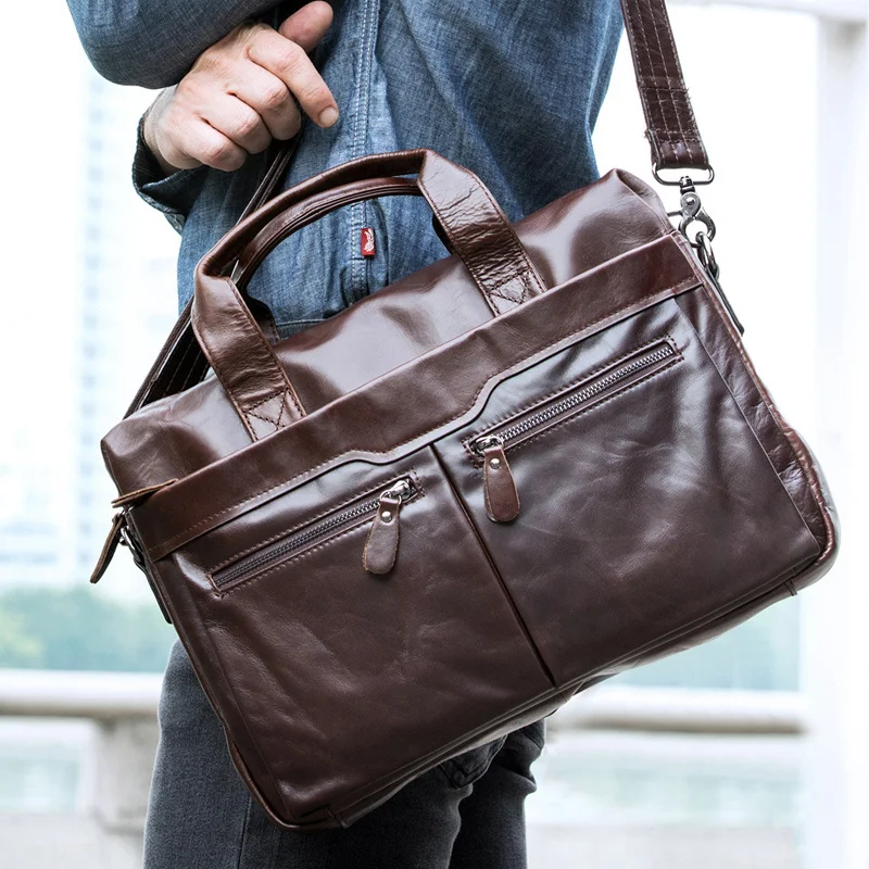 Men's Bags Genuine Leather Briefcase for 14 Laptop Document Messenger Business