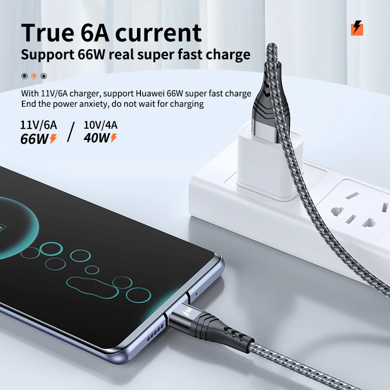 6A 66W USB نوع C كابل سريع شحن كابل 6A البيانات الحبل USB C شاحن أسلاك لسامسونج S21 Xiaomi هواوي P40 برو 3M 2M 1M