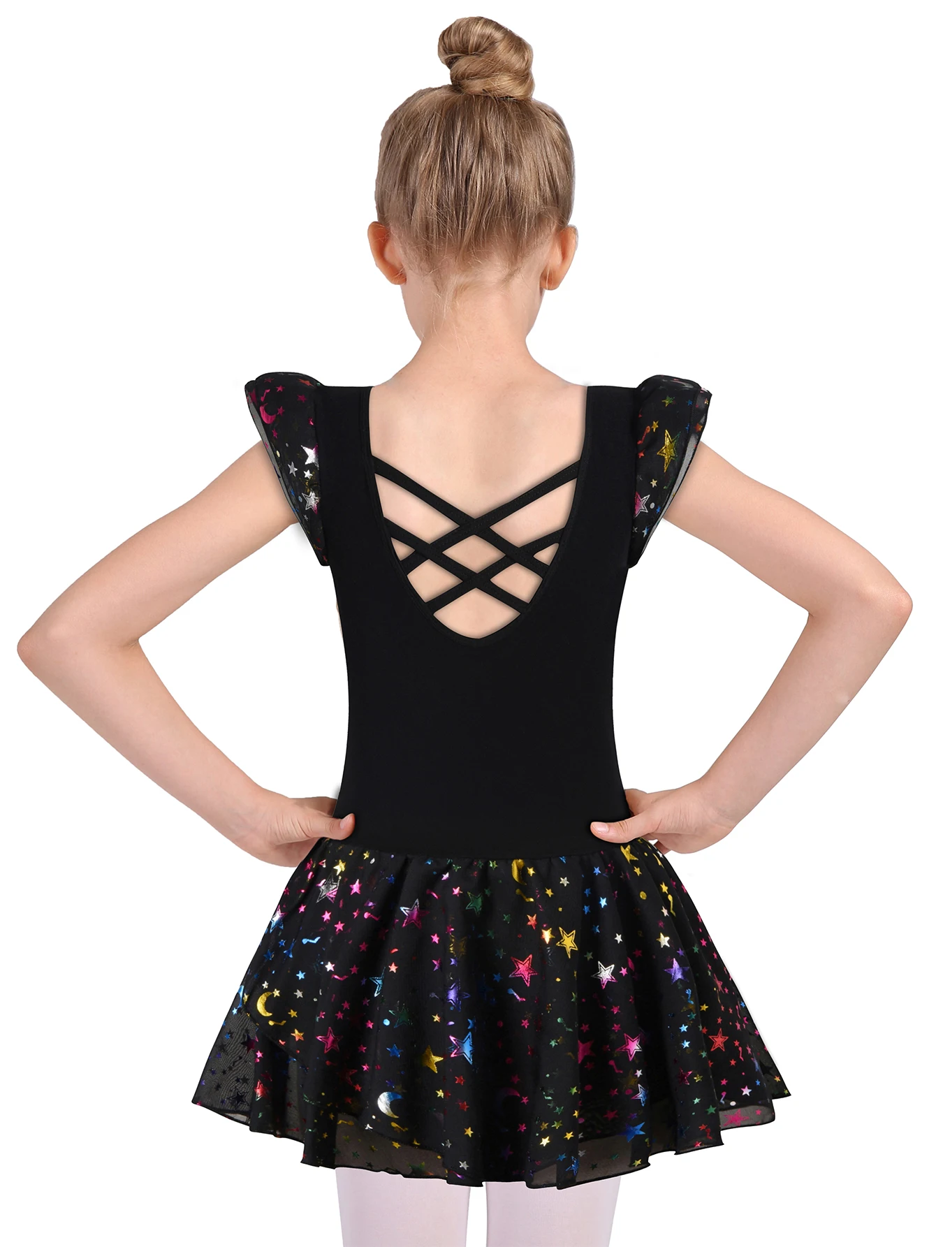

Girls Shiny Ruffle Sleeve Ballet Leotards Toddler Dance Leotard Cross Hollow Back Shiny Skirt Kids Dancewear Activewear
