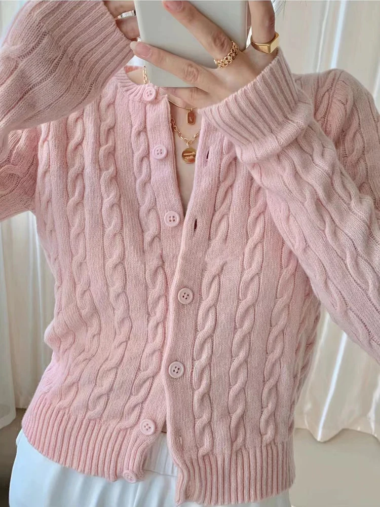 Twisted Flower Pink Slim Cardigan Women Autumn Round Neck Cotton Single-Breasted Outerwear Vintage Sweet Knitted Short Sweater