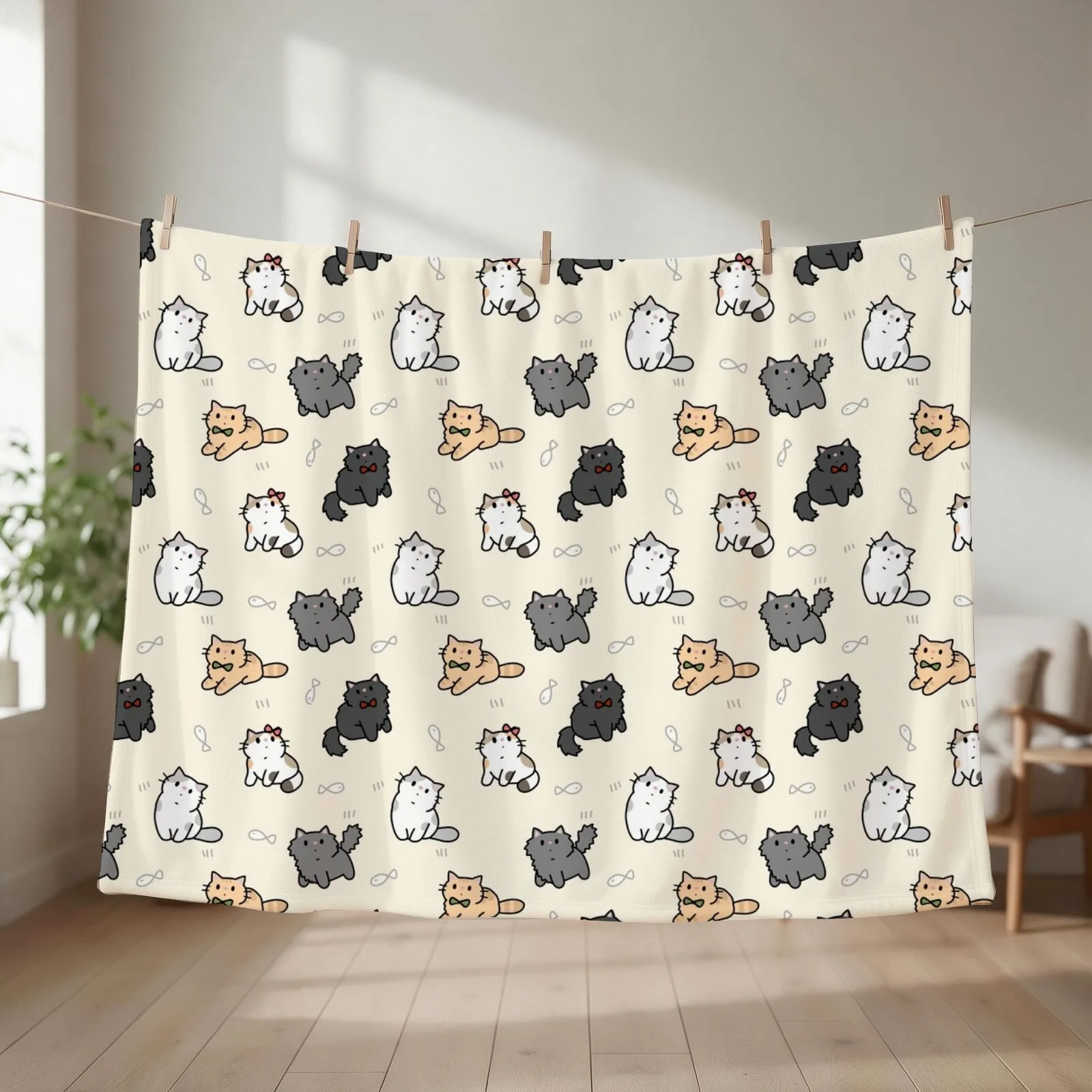 Fancy kittens and fish pattern Throw Blanket couch cozy soft plush fuzzy picnic outdoor blanket