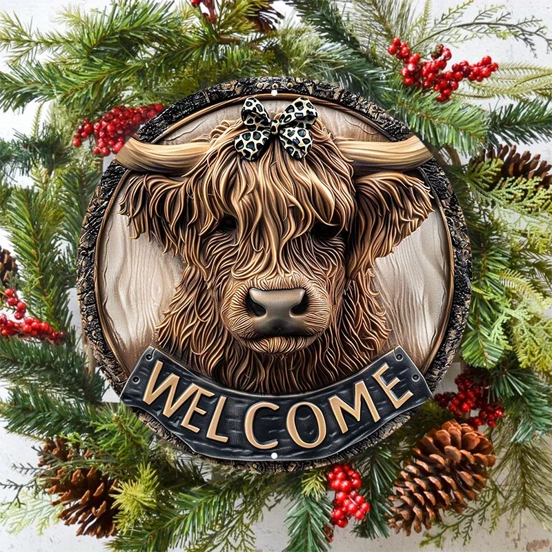 Highland Cow Welcome Sign - Waterproof Aluminum Door Hanger, Pre-drilled Weather Resistant Wall Decor with HD Printing