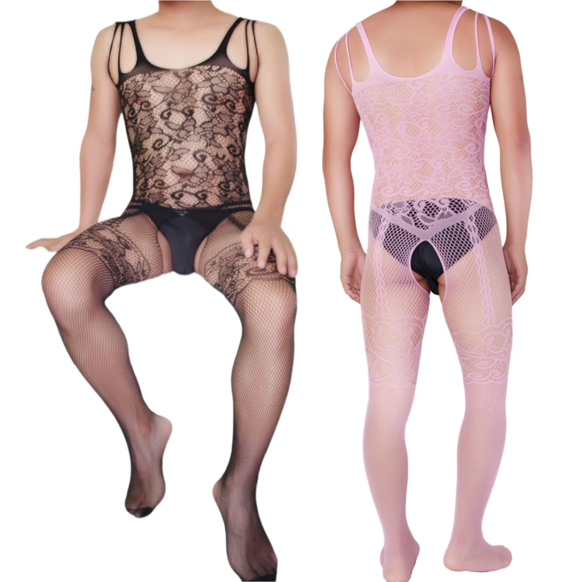 Men Bodystocking Crotchless Full Body Stocking See Through Mesh Fishnet Bodysuit Lingerie Men Sexy Sling Erotic Nightwear