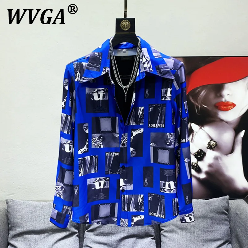

WVGA Men Tide Korean Version Long Sleeved Shirt Men's High-end Ice Silk Printed Shirt Summer New Handsome Turn Down Collar W7337