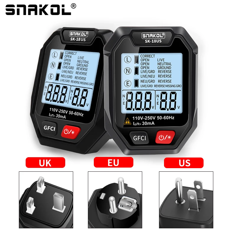 SK18 Digital Socket Tester EU US UK Plug Polarity Detection Large LCD Socket Wiring Diagnosis Voltage Display RCD Test