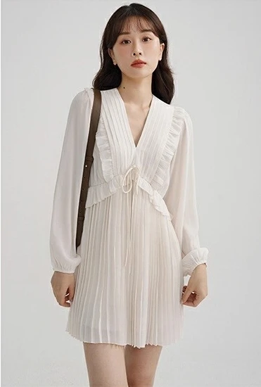 Elegant Ruffled Chiffon Dress for Women Long Sleeve V-Neck Pleated A-Line Mini Dress Elastic Dress for Autumn Party Daily Wear