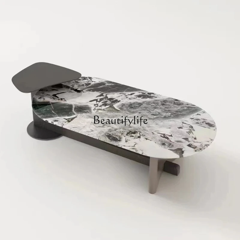 

Italian Minimalist Red Oak Marble Coffee Table Set Oval Small Apartment Living Room Home High-End Feel