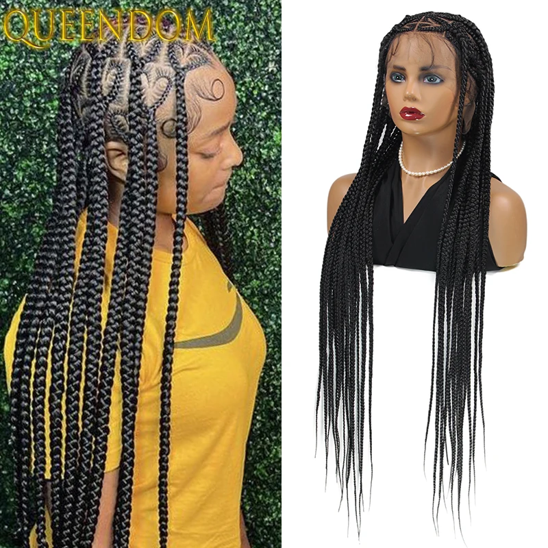 Queendom Synthetic Jumbo Knotless Full Lace Braid Wig 36 Inch Knotless Heart Braided Wig Cornrow Plait Braids Wig for Afro Women