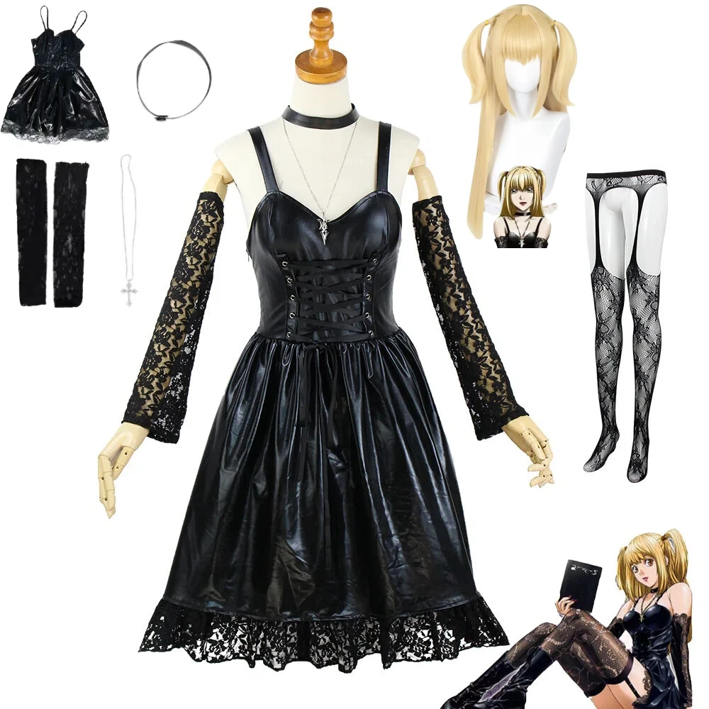 

Anime DEATH NOTE Cosplay Set Misa Amane Black Dress Outfit Sexy Black Stockings Death Note Misa Amane Wig Halloween Party Suit