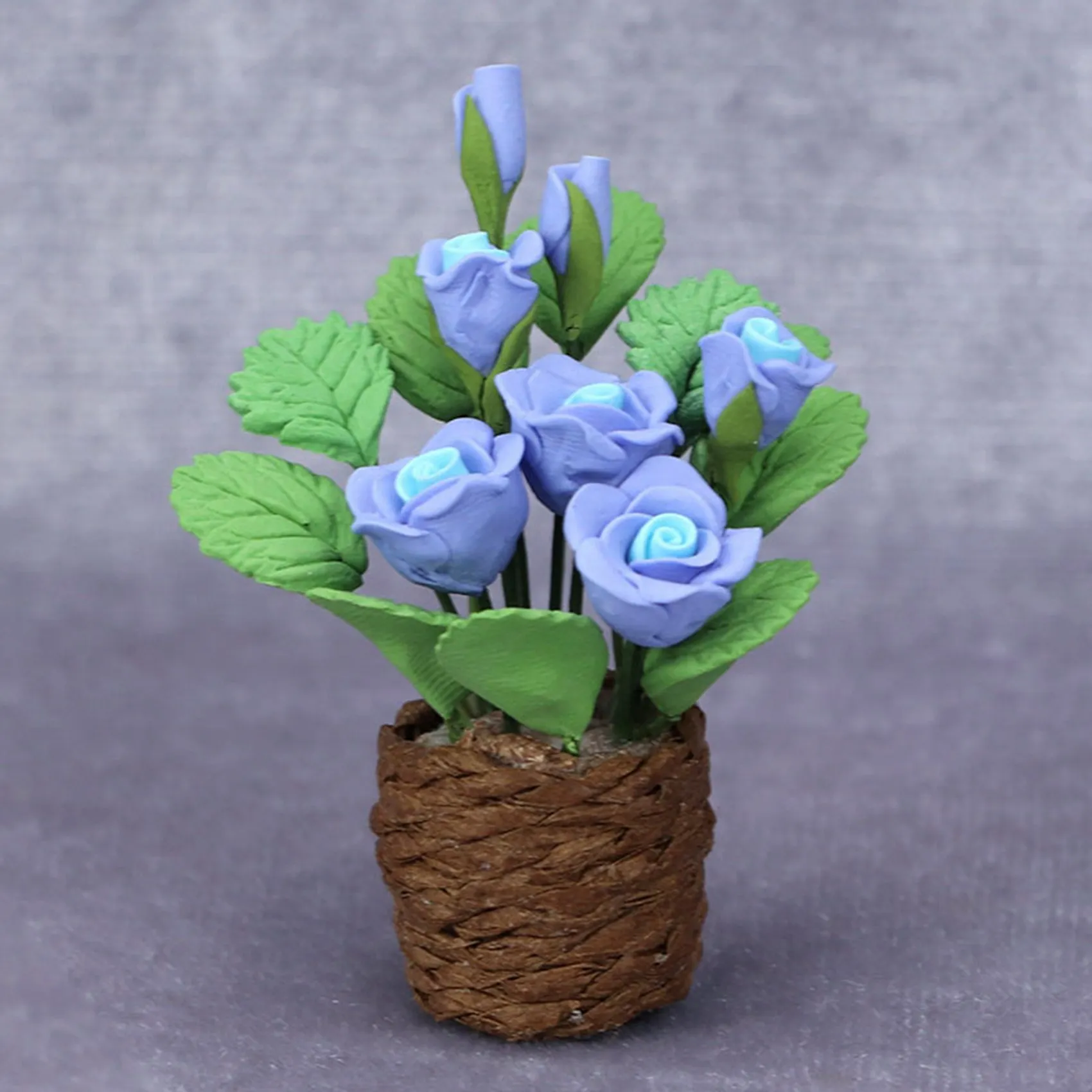 1/12 Scale Dollhouse Mini Blue Rose Green Potted Plant Simulation Flower Model for Doll House Accessories