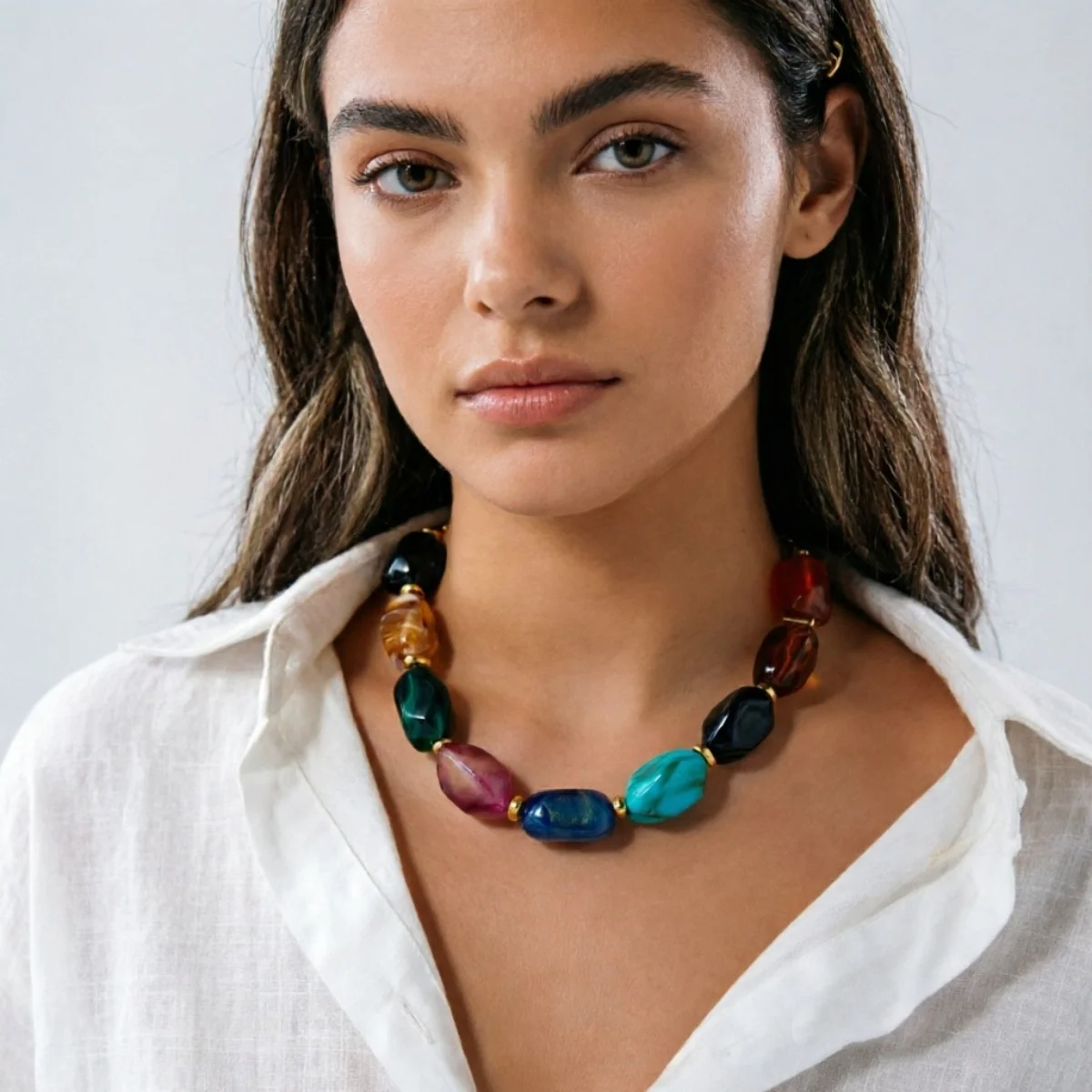 Klobige Unregelmäßige Acryl-Perlenkette für Damen und Herren, Bunte Imitations-Natursteinperlen-Halskette, Vintage-Punk-Schmuck – Detail 18