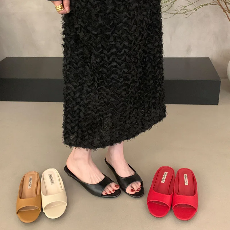 BOMENDUI 2026 Red Summer New Women Slipper Open Toe Outdoor Dress Sandal Shoes Fashion Low Wedge Heel Ladies Elegant Slides view 2