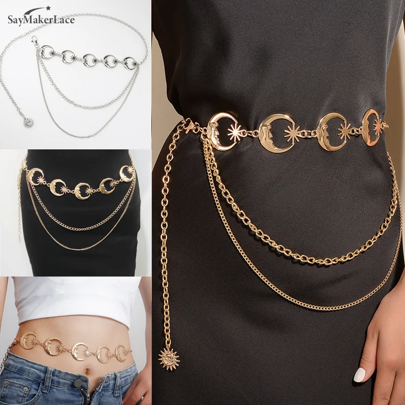 

Fashion Vintage Multilayer Punk Gothic Sun Waist Chain Metal Belts For Women Dress Jewelry Waist Chain Waist Belts