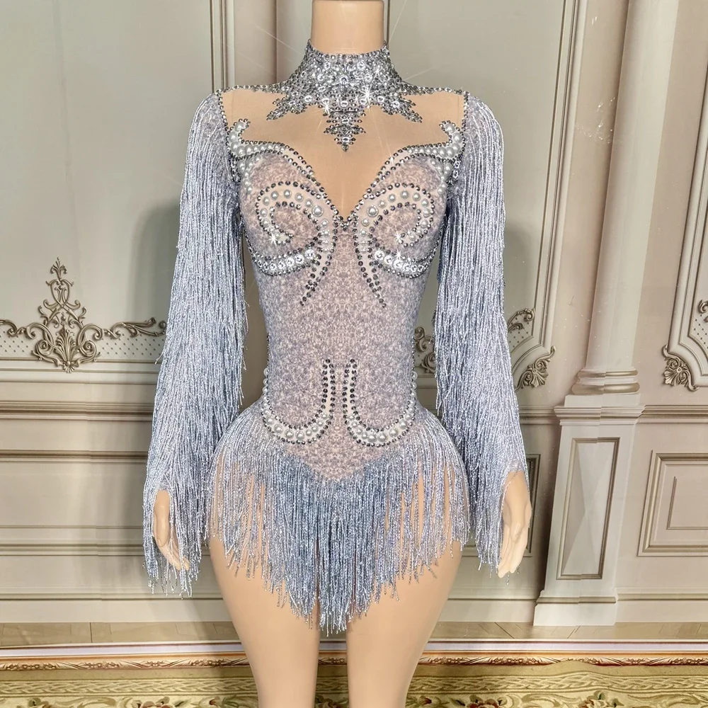 Rotterdam Kly-Costume de brevà Manches sulfavec Strass pour Femme, Tenue de Scène en Maille Sexy avec Franges, pour Chanteur, Discothèque