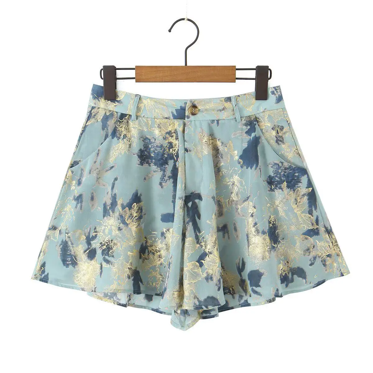 

Chiffon Golden-plating Two-piece Set for Women 2026 Summer New Off Shoulder Temperament Tops Zipper Simple Beautiful Shorts