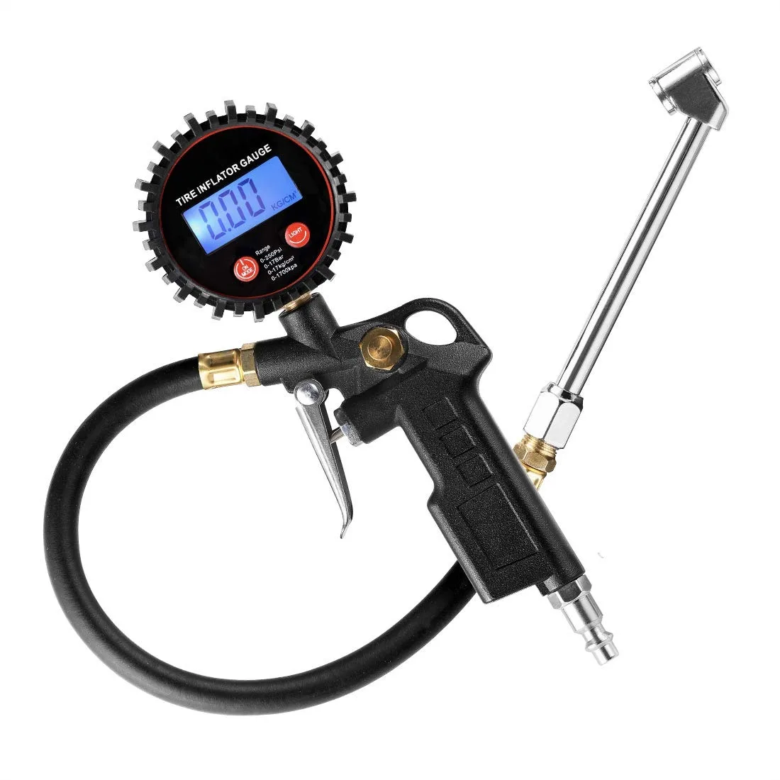 Medidor de pressão do inflador de pneus digital com display LED, mandril de cabeça dupla e mangueira de borracha para caminhão RV carro motocicleta bicicleta ônibus -