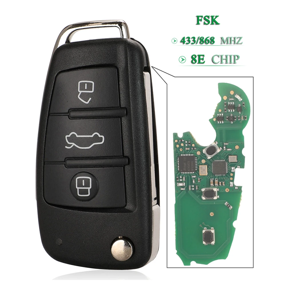 

jingyuqin 433/868 МГц 8E чип, 3 кнопки, для Audi A6L Q7, выкидной ключ-пульт с незаготовленным лезвием, замена