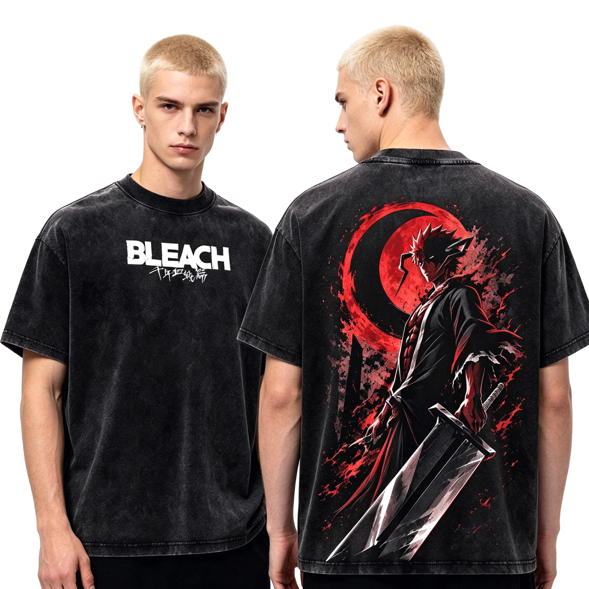 2026 Anime BLEACH Kurosaki Ichigo Print Wash T-shirt Y2K Men Women Harajuku Hip Hop Punk T-shirt Print Crew Neck Casual T Shirt