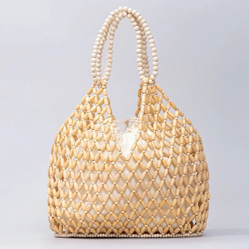 Large Capacity Handmade Woven Beaded Handbag for Women Exquisite Hollow-out Wooden Beaded Shoulder Bag Female Beach Bag