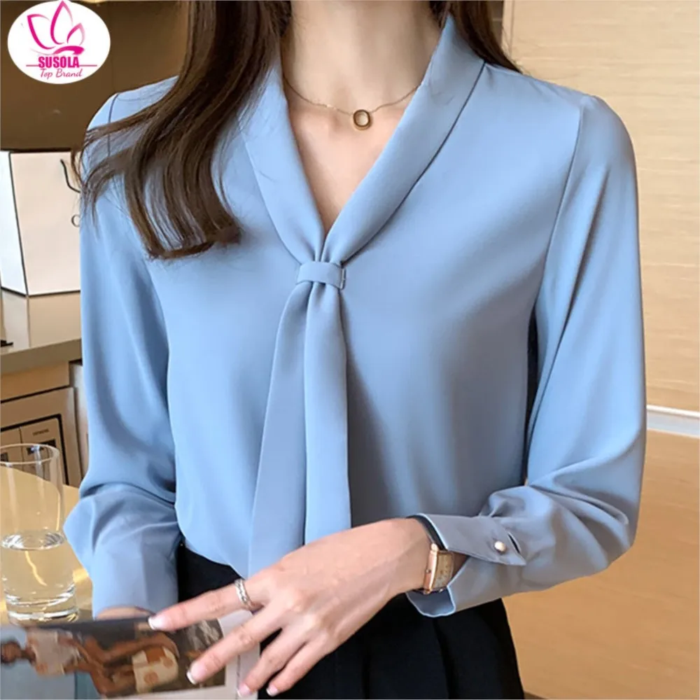 SUSOLA Long Sleeve Chiffon Blouse Shirt Blouse Women Blusas Mujer De Moda Bow V-Neck Office Lady Blouse Tops Women Blouses