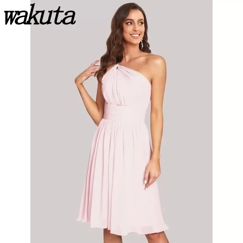 Wakuta One Shoulder Chiffon Bruidsmeisje Jurken Korte Prom Robe A-Line Formele Avondjurk Feest Afstuderen Avond Vestidos