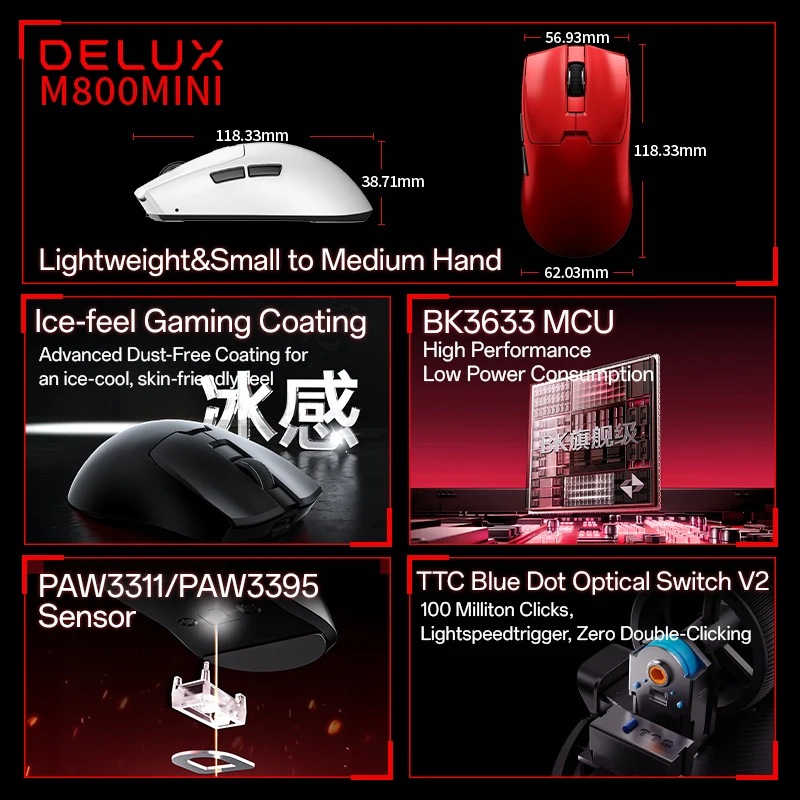 Delux M800 Mini Wireless Gaming Mouse | 46g Lightweight Design for Small & Medium Hands, 1000Hz Polling Rate, Smooth Grip